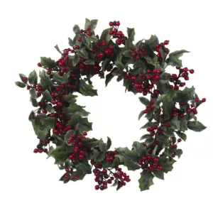 Nearly Natural 24in. Artificial Wreath with Holly Berries