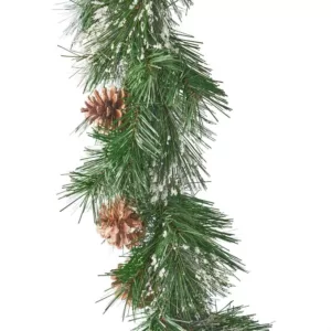 Noble House 9 ft. Cashmere Pine Battery Operated Pre-Lit LED Artificial Christmas Garland with Snowy Branches and Pinecones