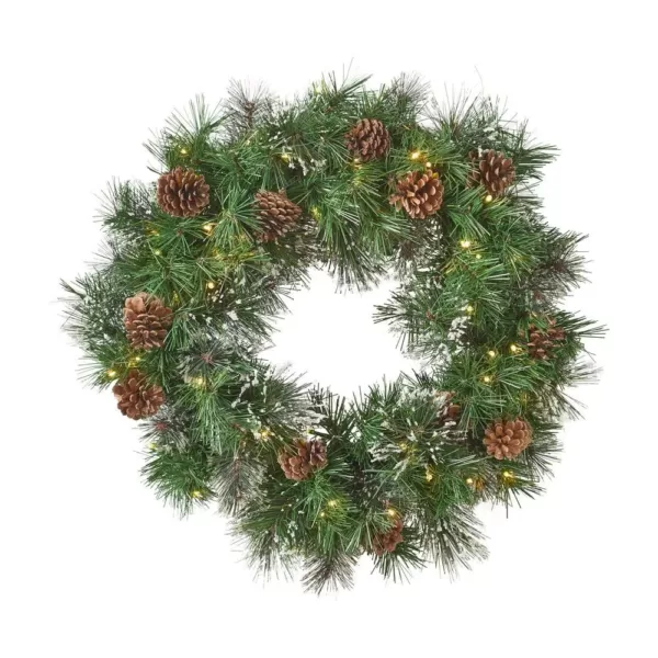 Noble House 24 in. Battery Operated Pre-Lit LED Artificial Christmas Wreath with Snowy Branches and Pinecones