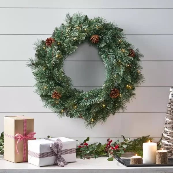 Noble House 24 in. Green Battery Operated Pre-Lit Warm White LED Mixed Pine Artificial Christmas Wreath with Pine Cones