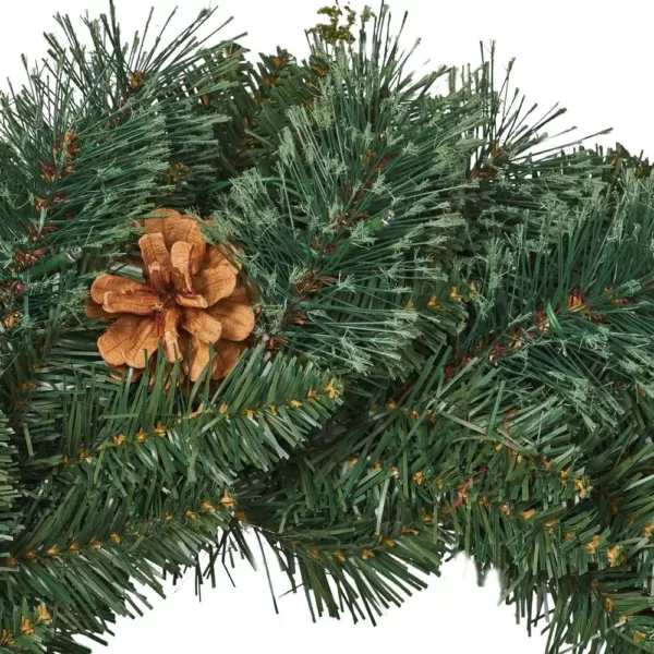 Noble House 24 in. Green Battery Operated Pre-Lit Warm White LED Mixed Pine Artificial Christmas Wreath with Pine Cones