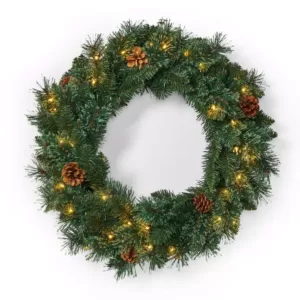 Noble House 24 in. Green Battery Operated Pre-Lit Warm White LED Mixed Pine Artificial Christmas Wreath with Pine Cones