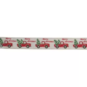 Northlight 2.5 in. x 16 yds. Red Trucks and Christmas Tree Wired Craft Beige Ribbon