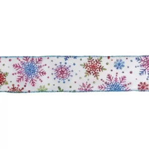 Northlight 2.5 in. x 16 yds. Shimmering White and Rainbow Glitter Snowflake Wired Christmas Craft Ribbon