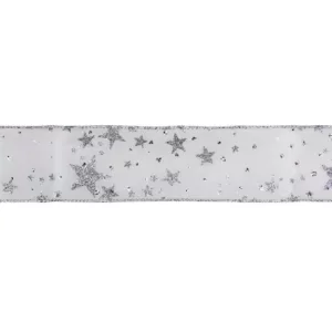 Northlight 2.5 in. x 16 yds. Shimmering Silver Glitter Stars on White Wired Craft Ribbon