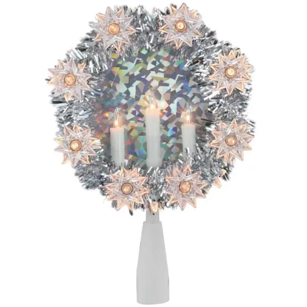 Northlight 7 in. Silver Tinsel Wreath with Candles Christmas Tree Topper - Clear Lights