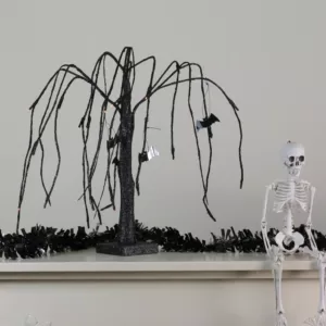 Northlight 24 in. Pre-Lit Battery Operated Black Glitter Halloween Cascading Willow Tree with Bats