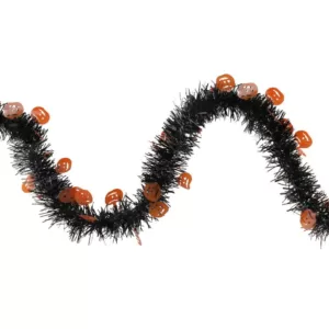 Northlight 50 ft. Black with Orange Jack O Lanterns Halloween Tinsel Garland - Unlit