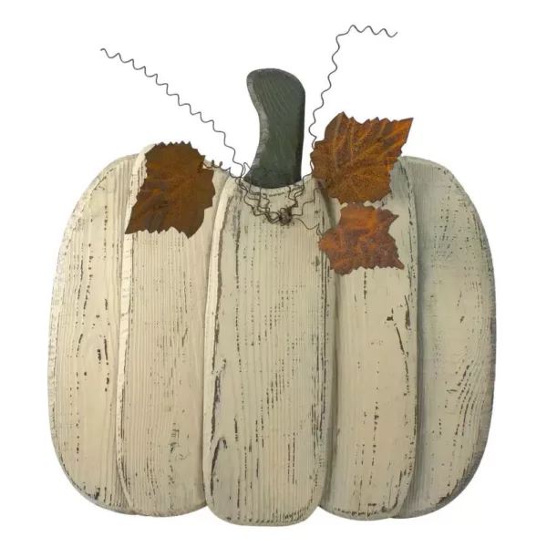 Northlight 18.5 in. Large White Wooden Fall Harvest Pumpkin with Leaves and Stem