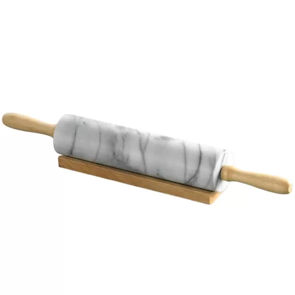 Creative Home Natural Marble 2-1/4 in. Dia x18 in. Length Rolling Pin Pastry Roller with Wooden Handle and Cradle