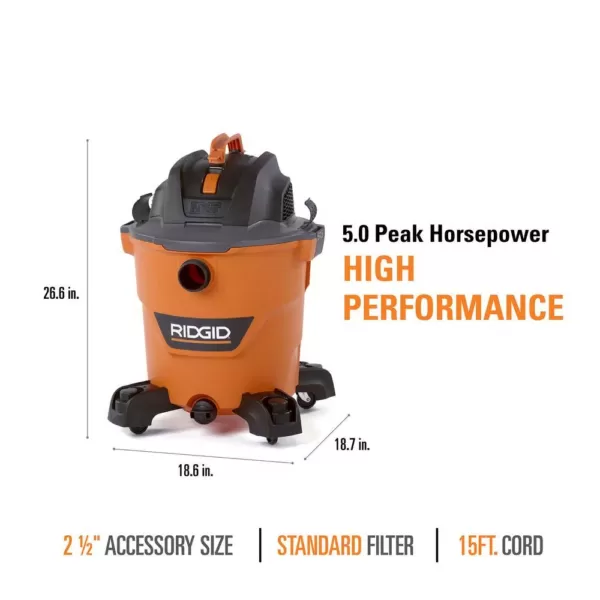 RIDGID 12 Gal. 5.0-Peak HP NXT Wet/Dry Shop Vacuum with Filter, Hose, Accessories and Wet Application Filter