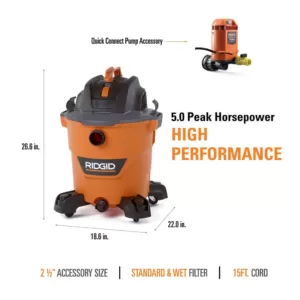 RIDGID 12 Gal. 5.0-Peak HP NXT Wet/Dry Shop Vacuum with Filter, Hose, Accessories, Pump Accessory and Wet Application Filter