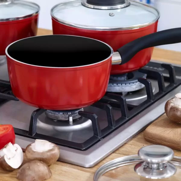 Oster Merrion 2.5 qt. Aluminum Nonstick Sauce Pan in Red with Glass Lid