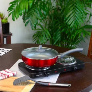 Oster Herscher 3.5 qt. Aluminum Nonstick Saute Pan in Red Gloss with Glass Lid