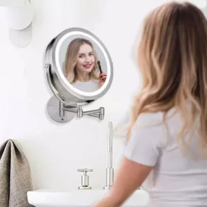 Ovente 13.2 in. H x 1.6 in. W, Small Round Nickel Brushed Lighted Framed Modern Vanity Mirror, 1x 7x Magnification