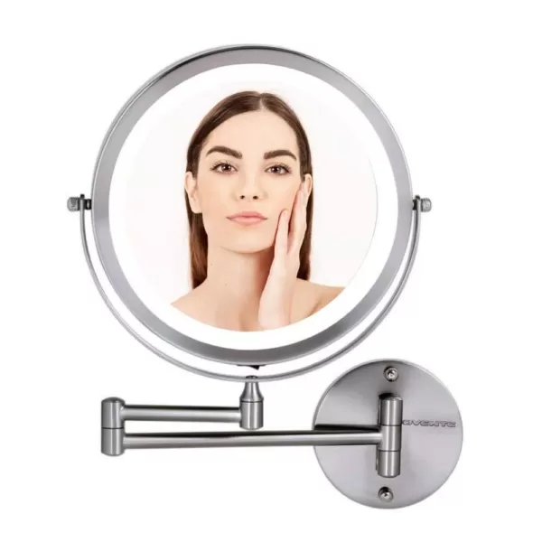 Ovente 13.2 in. H x 1.6 in. W, Small Round Nickel Brushed Lighted Framed Modern Vanity Mirror, 1x 7x Magnification