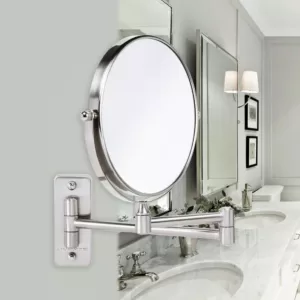 Ovente Small Round Wall Mounted Nickel Brushed Makeup Mirror (11 in. H x 1.4 in. W), 1x-10x Magnification