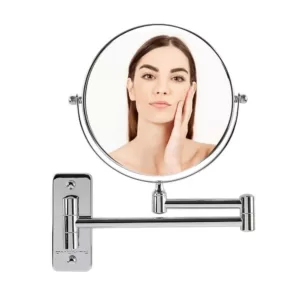 Ovente Small Round Wall Mounted Polished Chrome Makeup Mirror (11 in. H x 1.4 in. W), 1x-10x Magnification