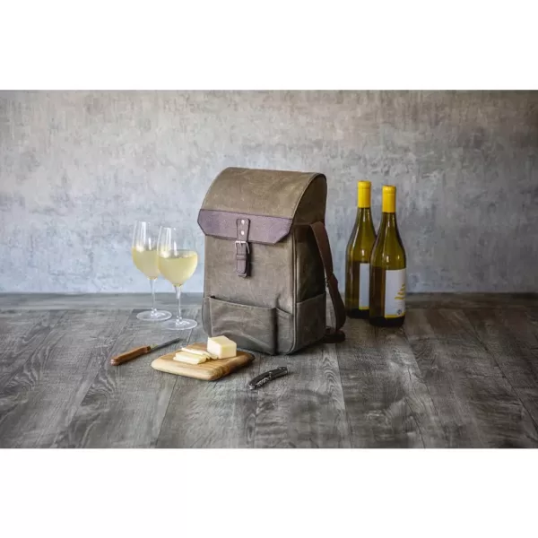 Picnic Time 2-Bottle Khaki Green Waxed Canvas Wine Cooler Bag and Cheese Board Set