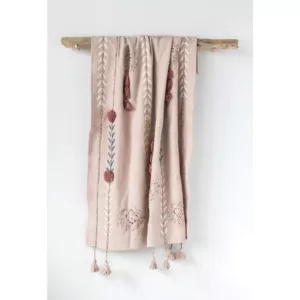 3R Studios Pink Cotton Throw with Decorative Applique, Pom Poms and Tassels