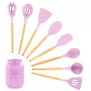 MegaChef Pink Silicone and Wood Cooking Utensils (Set of 9)