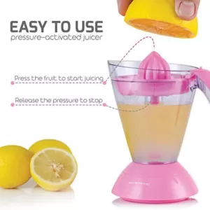 Ovente 34 oz. Pink Electric Citrus Juicer 2 Auto-Reversing Cones Capacity, Pressure-Activated, Strainer, Pulp Control