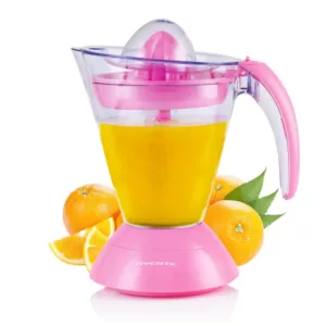 Ovente 34 oz. Pink Electric Citrus Juicer 2 Auto-Reversing Cones Capacity, Pressure-Activated, Strainer, Pulp Control