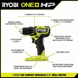 RYOBI ONE+ HP 18V Brushless Cordless Compact 1/2 in. Drill/Driver, 3/8 in. Right Angle Drill, (2) Batteries, Charger, and Bag