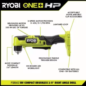 RYOBI ONE+ HP 18V Brushless Cordless Compact 1/2 in. Drill/Driver, 3/8 in. Right Angle Drill, (2) Batteries, Charger, and Bag