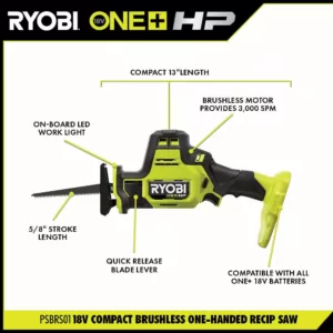 RYOBI ONE+ HP 18V Brushless Cordless Compact with 1/2 in. Drill/Driver, One-Handed Recip Saw, (2) 1.5 Ah Batteries, Charger