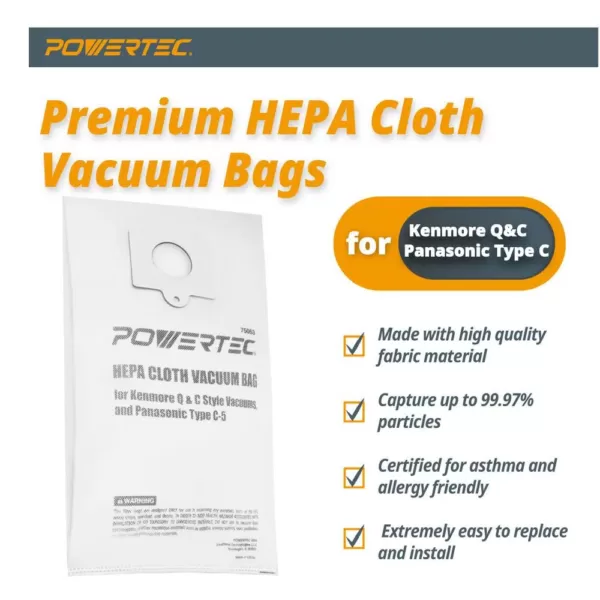 POWERTEC HEPA Cloth Vacuum Bag Replacement for Kenmore Q and C Style Vacuums, and Panasonic Type C-5 (6-Pack)