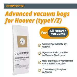 POWERTEC High Efficiency Filter Bag Replacement for Hoover Vacuum Style Y/Z 2 Ply Allergen Vacuum Filter Bag (10-Pack)