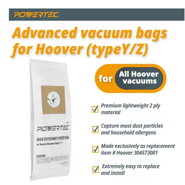 POWERTEC High Efficiency Filter Bag Replacement for Hoover Vacuum Style Y/Z 2 Ply Allergen Vacuum Filter Bag (10-Pack)