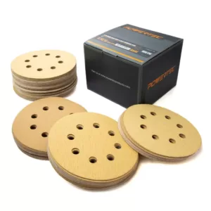 POWERTEC 5 in. A/O Hook and Loop 8-Hole Sanding Disc Assortment Grits in Gold (100-Pack)