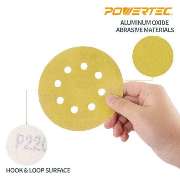 POWERTEC 5 in. 8-Hole 150-Grit Hook and Loop Sanding Discs in Gold (50-Pack)