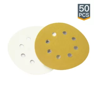 POWERTEC 5 in. 8-Hole 150-Grit Hook and Loop Sanding Discs in Gold (50-Pack)