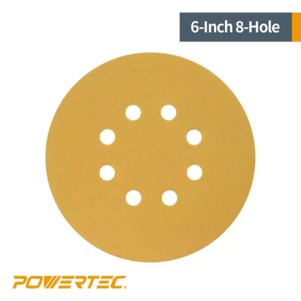 POWERTEC 6 in. 8-Hole 220-Grit Hook and Loop Sanding Discs in Gold (50-Pack)