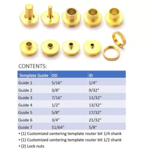 POWERTEC 11-Piece Brass Router Guide Bushing Set Pro Style Router Template Kit with Shank Bit Set and Lock Nuts