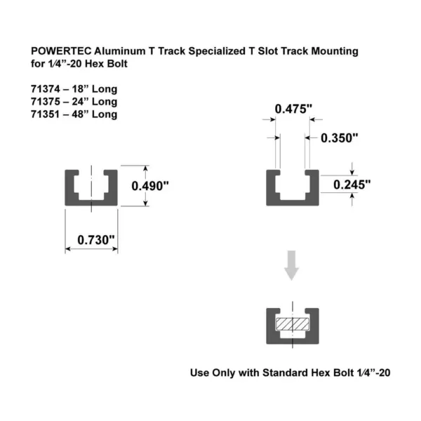 POWERTEC 18 in. Aluminum T-Track Heavy-Duty Specialized T Slot Track Mounting for 1/4 in.-20 Hex Bolt