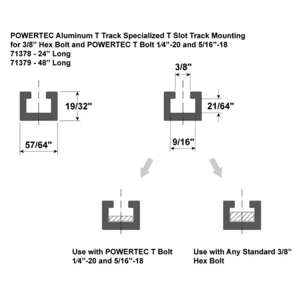 POWERTEC 24 in. Heavy-Duty Aluminum T-Track Specialized T Slot Track for 3/8 in. Hex Bolt and T Bolts 1/4 in.-20 and 5/16 in.-18