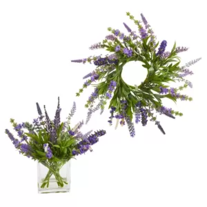 Nearly Natural 16 in. W Lavender Wreath and 12 in. H Lavender Arrangement (Set of 2)