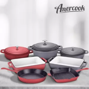 AMERCOOK LA PLURIEL 10 in. Cast Iron Nonstick Grill Pan in Red