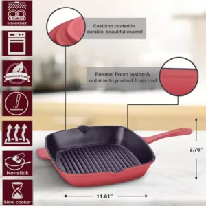 AMERCOOK LA PLURIEL 10 in. Cast Iron Nonstick Grill Pan in Red