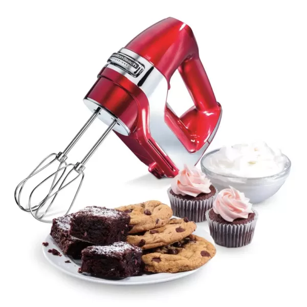 Hamilton Beach 5-Speed Red and Chrome Hand Mixer with Stainless Steel Twisted Wire Beaters, Whisk, Dough Hooks and Snap-On Storage Case