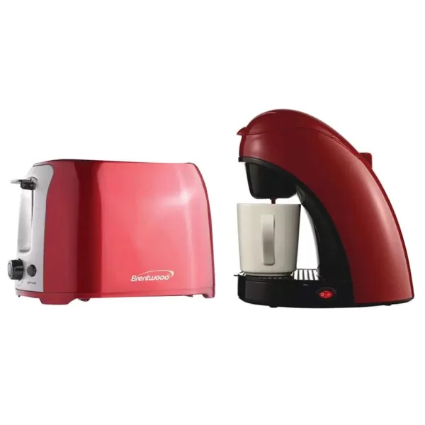 Brentwood Appliances 1-Cup Red Coffee Maker with Mug and 2-Slice Red Extra-Wide Slot Toaster