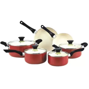 Cook N Home Stay Cool Handle 10-Piece Aluminum Ceramic Nonstick Cookware Set in Red