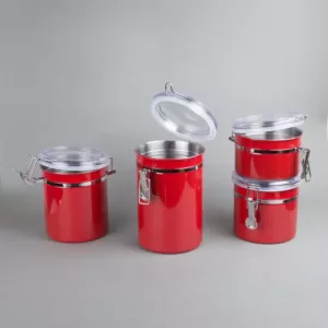 Creative Home Set of 4-Pieces Red Stainless Steel Canister Storage Container with Air Tight Lid and Locking Clamp