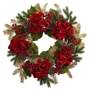 Nearly Natural 24 in. Hydrangea Pine Wreath