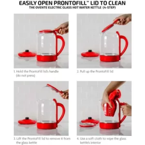 Ovente 6.3-Cup Red Glass Electric Kettle with ProntoFill Technology - Fill Up with the Lid On