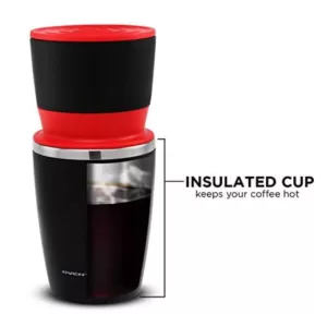 Ovente Single Serve Red Coffee Grinder, French Press, 2-in-1 Carafe Coffee Maker Machine, With Insulated Cup